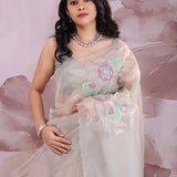 Gray Organza Tissue Saree With Scallop Border