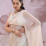 Warm Grey Organza Saree With Embroidery