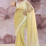 Brass Yellow Organza Saree With Embroidery
