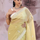 Brass Yellow Organza Saree With Embroidery