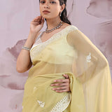 Brass Yellow Organza Saree With Embroidery