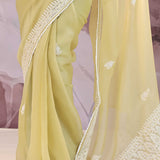 Brass Yellow Organza Saree With Embroidery