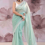 Greyish Turquoise Organza Saree With Embroidery