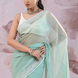 Greyish Turquoise Organza Saree With Embroidery