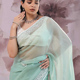 Greyish Turquoise Organza Saree With Embroidery