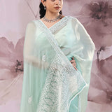 Greyish Turquoise Organza Saree With Embroidery