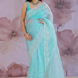 Glacier Blue Organza Tissue Saree With Scallop Border