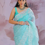 Glacier Blue Organza Tissue Saree With Scallop Border