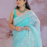 Glacier Blue Organza Tissue Saree With Scallop Border