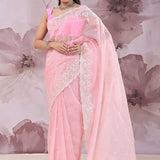 Light Hot Pink Organza Saree With Scallop Border