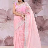 Light Hot Pink Organza Saree With Scallop Border