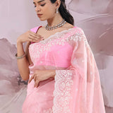Light Hot Pink Organza Saree With Scallop Border