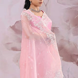 Light Hot Pink Organza Saree With Scallop Border