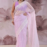 Bright Lavender Organza Saree With Scallop Border