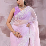 Bright Lavender Organza Saree With Scallop Border