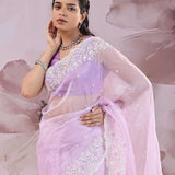 Bright Lavender Organza Saree With Scallop Border