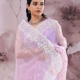 Bright Lavender Organza Saree With Scallop Border