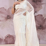 Pearl White Organza Saree With Scallop Border