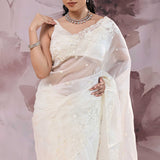 Pearl White Organza Saree With Scallop Border