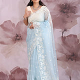 Powder Blue Organza Tissue Saree With Scallop Border