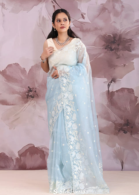 <img> Powder Blue Organza Tissue Saree With Scallop Border