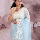 Powder Blue Organza Tissue Saree With Scallop Border