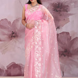 Fuchsia Pink Organza Tissue Saree With Scallop Border