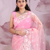 Fuchsia Pink Organza Tissue Saree With Scallop Border