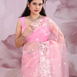 Fuchsia Pink Organza Tissue Saree With Scallop Border