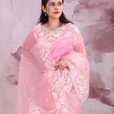 Fuchsia Pink Organza Tissue Saree With Scallop Border