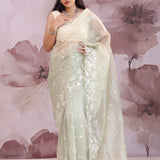 Pale Light Green Organza Tissue Saree With Scallop Border