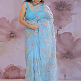 Dark Pastel Blue Organza Tissue Saree With Floral Embroidery