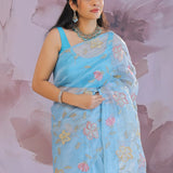 Dark Pastel Blue Organza Tissue Saree With Floral Embroidery