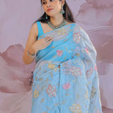 Dark Pastel Blue Organza Tissue Saree With Floral Embroidery