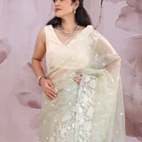 Pale Light Green Organza Tissue Saree With Scallop Border