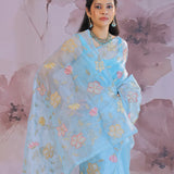 Dark Pastel Blue Organza Tissue Saree With Floral Embroidery
