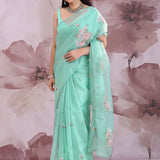 Turquoise Soft Organza Tissue Saree With Petit Point Saree