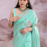 Turquoise Soft Organza Tissue Saree With Petit Point Saree