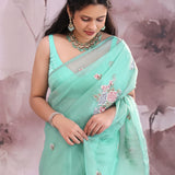 Turquoise Soft Organza Tissue Saree With Petit Point Saree