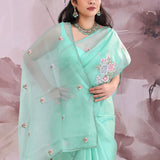 Turquoise Soft Organza Tissue Saree With Petit Point Saree