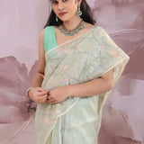 Pastel Green Organza Saree With Embroidery Work