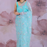 Sky Blue Organza Saree With Embroidery Work