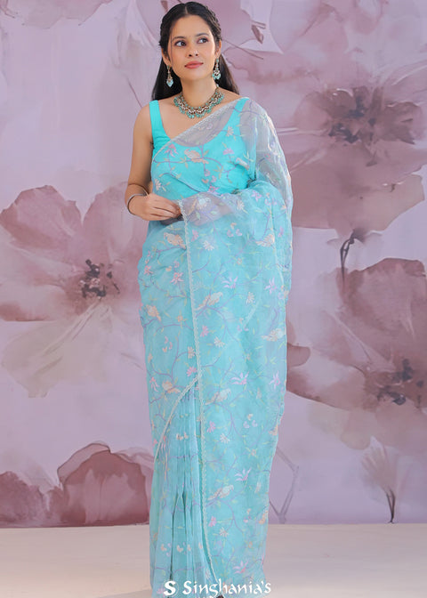 <img>  Sky Blue Organza Saree With Floral Embroidery Work