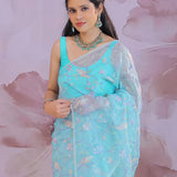 Sky Blue Organza Saree With Embroidery Work