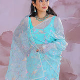 Sky Blue Organza Saree With Embroidery Work