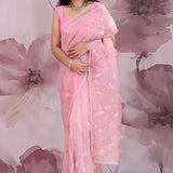 Flamingo Pink Organza Saree With Embroidery Work