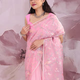 Flamingo Pink Organza Saree With Embroidery Work