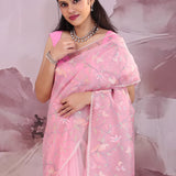 Flamingo Pink Organza Saree With Embroidery Work