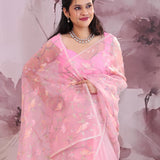 Flamingo Pink Organza Saree With Embroidery Work