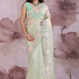 Soft Pista Green Organza Tissue Saree With Embroidery Work